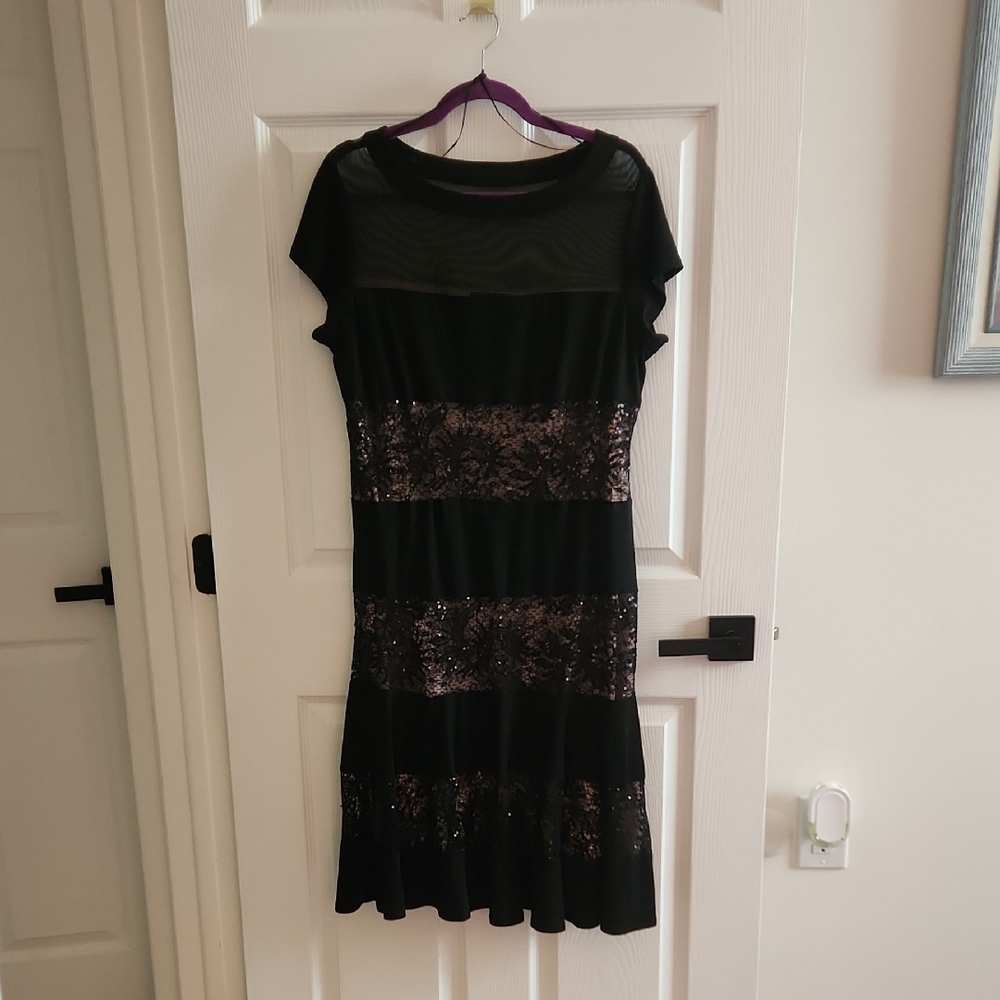 R&M Richards Black Over Nude Underlay Midi Dress w/Ruffle Hemline & Sequins Sz16